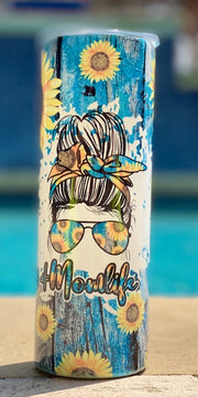 Mom Life with Sunflowers & Blue background mombun 20 oz skinny tumbler or koozie
